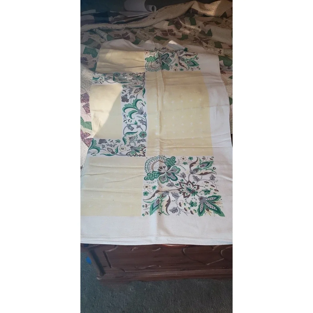 Vintage Floral Tablecloth Rectangular Yellow Green Botanical Cottagecore Retro